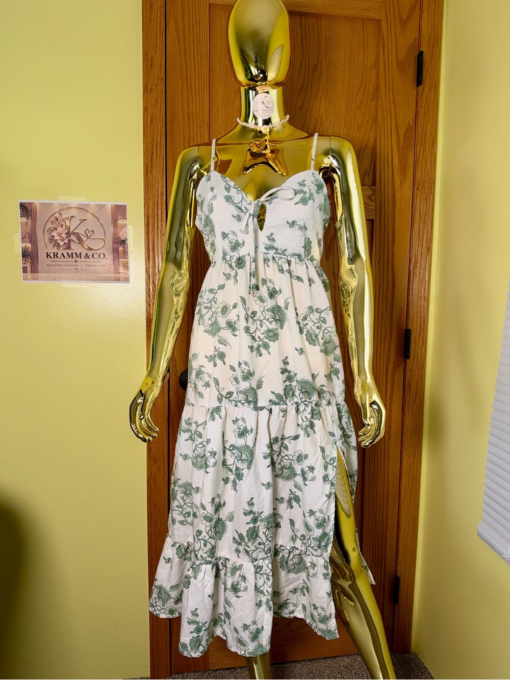 White Maxi Sundress with Green Floral Print